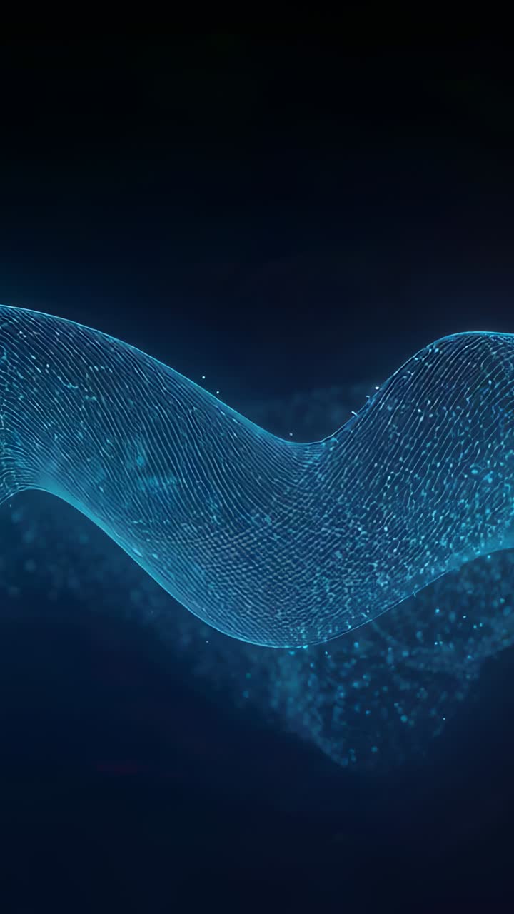 Vertical video: Looping playback mesh ribbon undulating through dark gradient particles brightening
