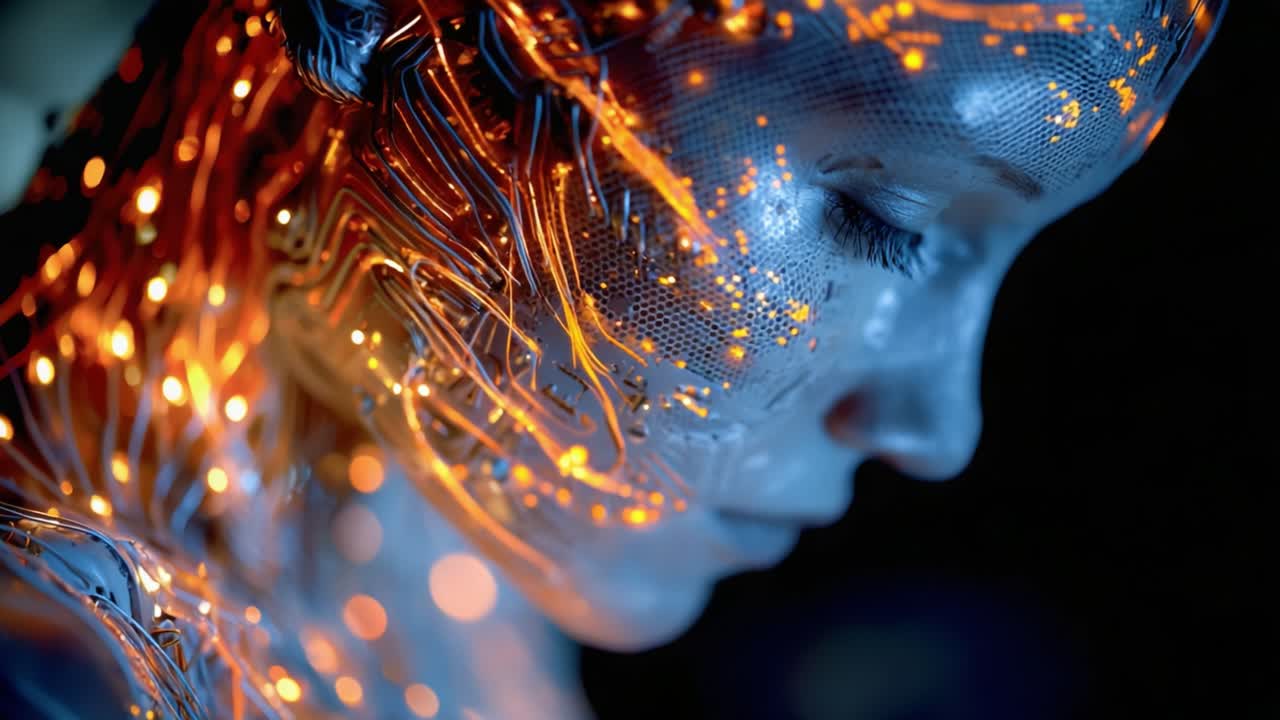 A Captivating Glimpse into the Future: An Artistic Representation of Artificial Intelligence Merging with Human-like Features, Illuminated by Luminous Circuitry