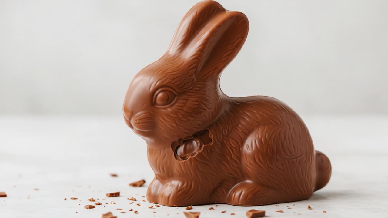 A Charming Chocolate Rabbit Figurine with a Bite Taken Out: An Irresistible Treat Perfect for Celebrations and Sweet Moments