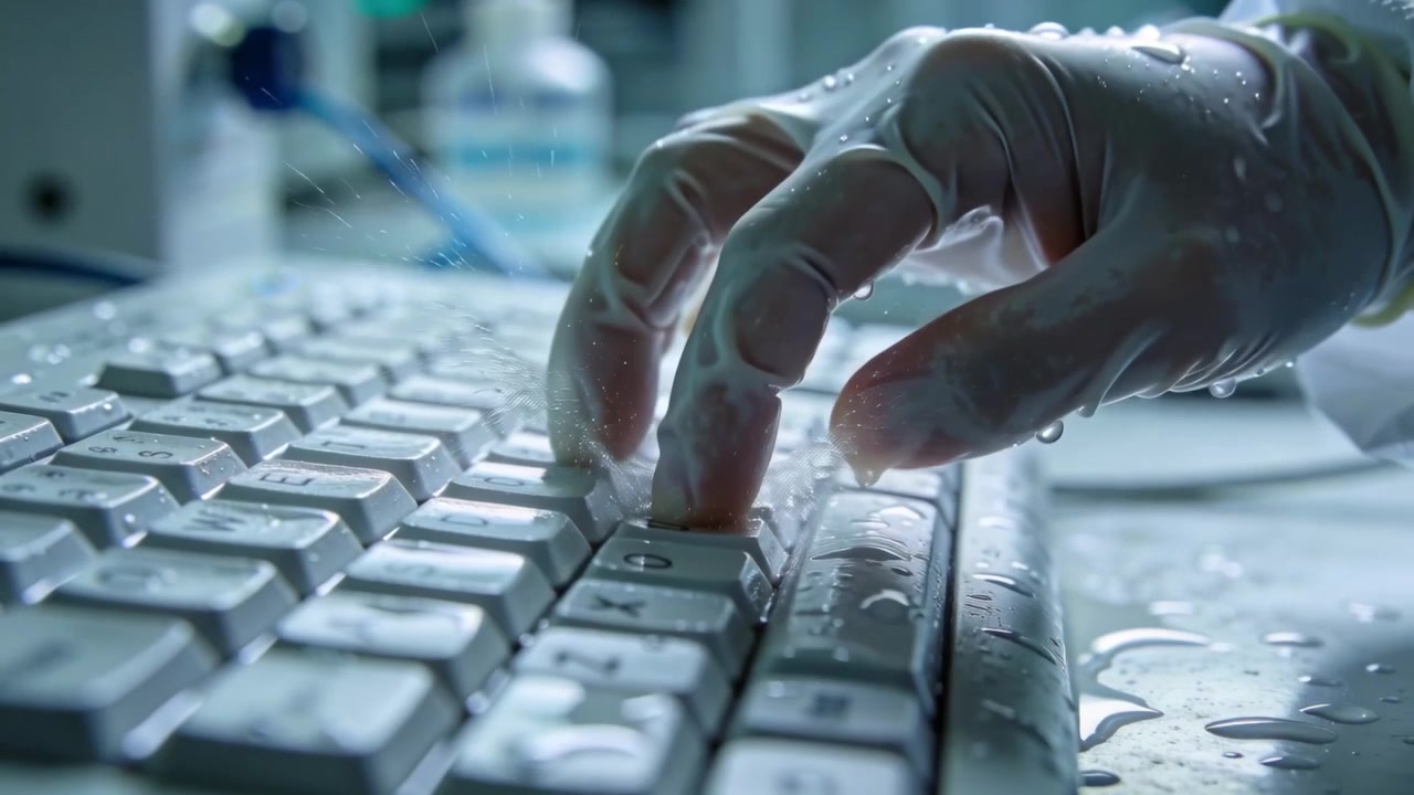 Noticing droplets, gloved hand pressing keys on lab keyboard, testing response, white coat sleeve