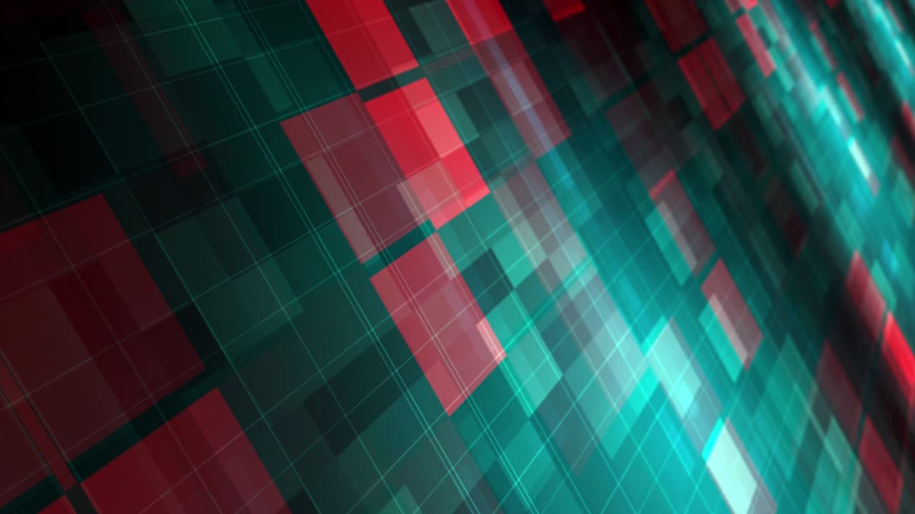 Green gradient blue and red neon digital mosaic tile pattern background. 4K 3D Seamless loop futuristic high technology background, concept of modern hi tech network lED panel perspective looping.