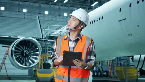 ingeniero masculino asiático con casco de seguridad mirando la tableta en su mano y mirando a su alrededor mientras está de pie con aviones en el hangar