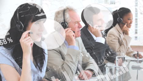 animation of statistics and financial data processing over diverse business people using headsets