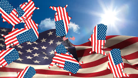 animation of usa coloured with american flag over clouds and american flag