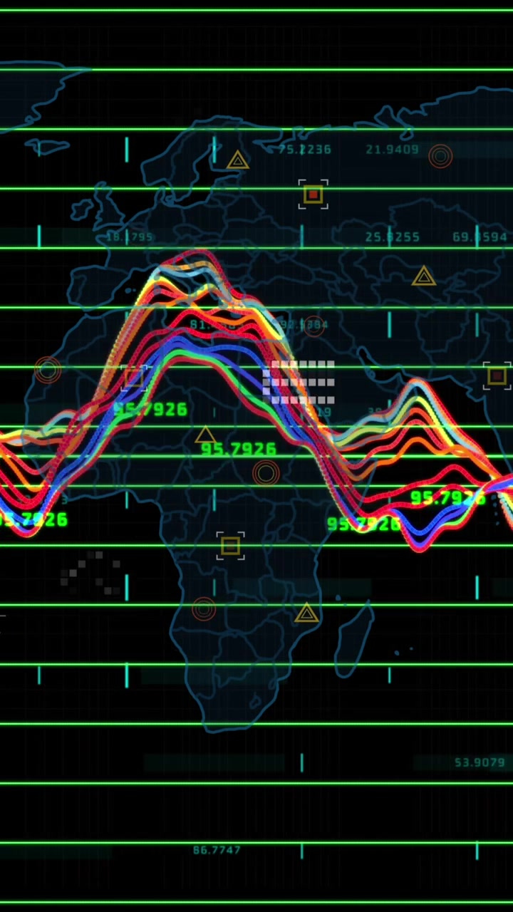 Animazione dell'elaborazione dati su una mappa del mondo su sfondo nero