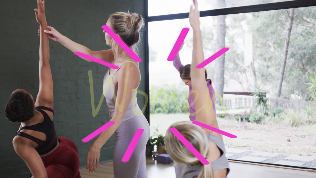 Vertical video: Seeing Women graphic central woman in lilac top leading group stretches at studio