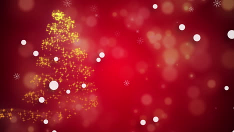 animation of christmas tree over snow falling on red background