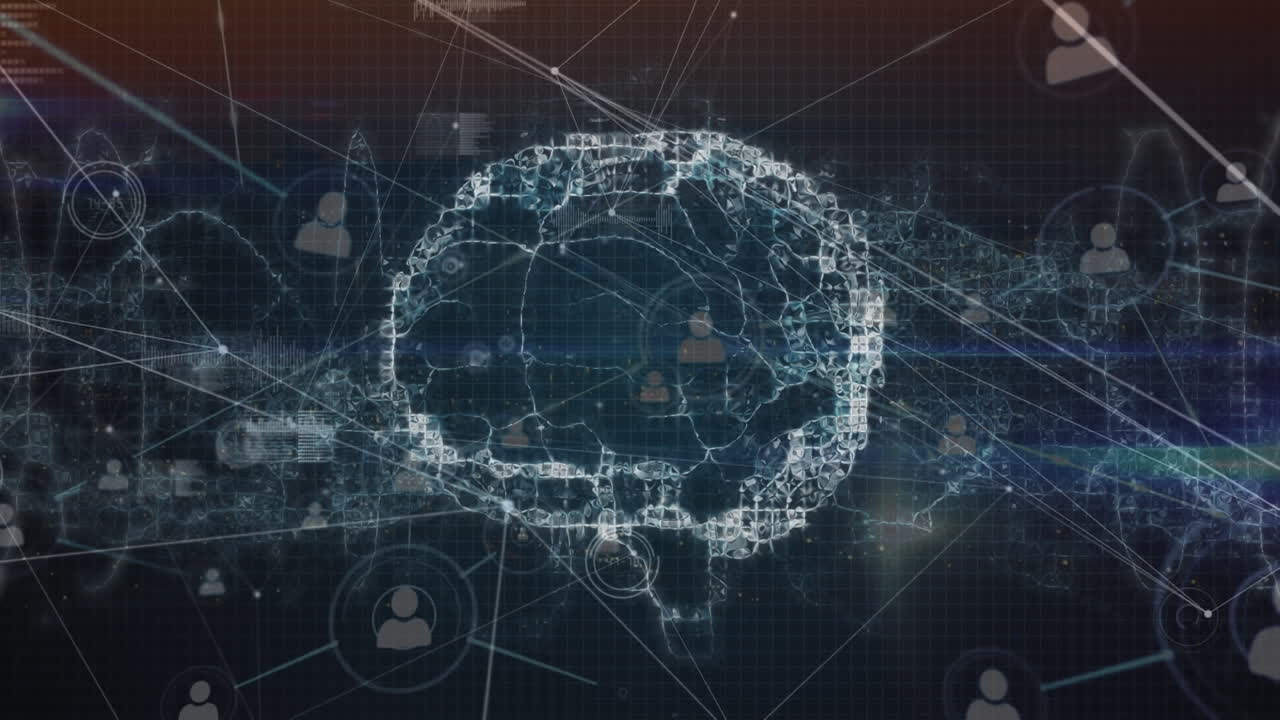 Animation of network of profile icons over spinning human brain against blue background