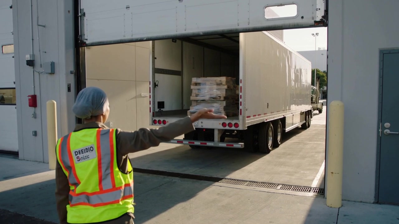 Guiding dock worker in vest hairnet signaling backing truck into dock, aligning pallet, copy space