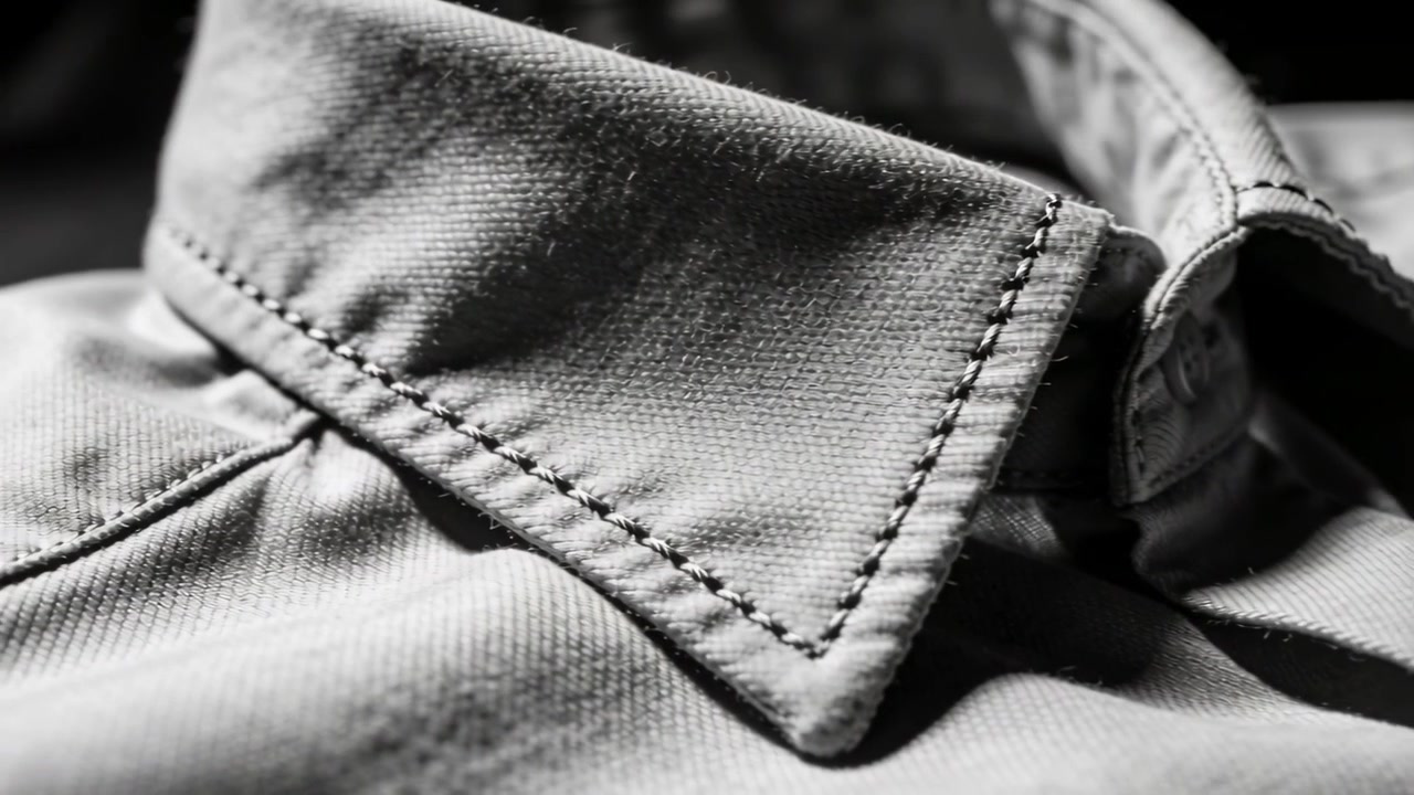 Zooming camera capturing shirt collar at studio table, emphasizing fabric weave and topstitching