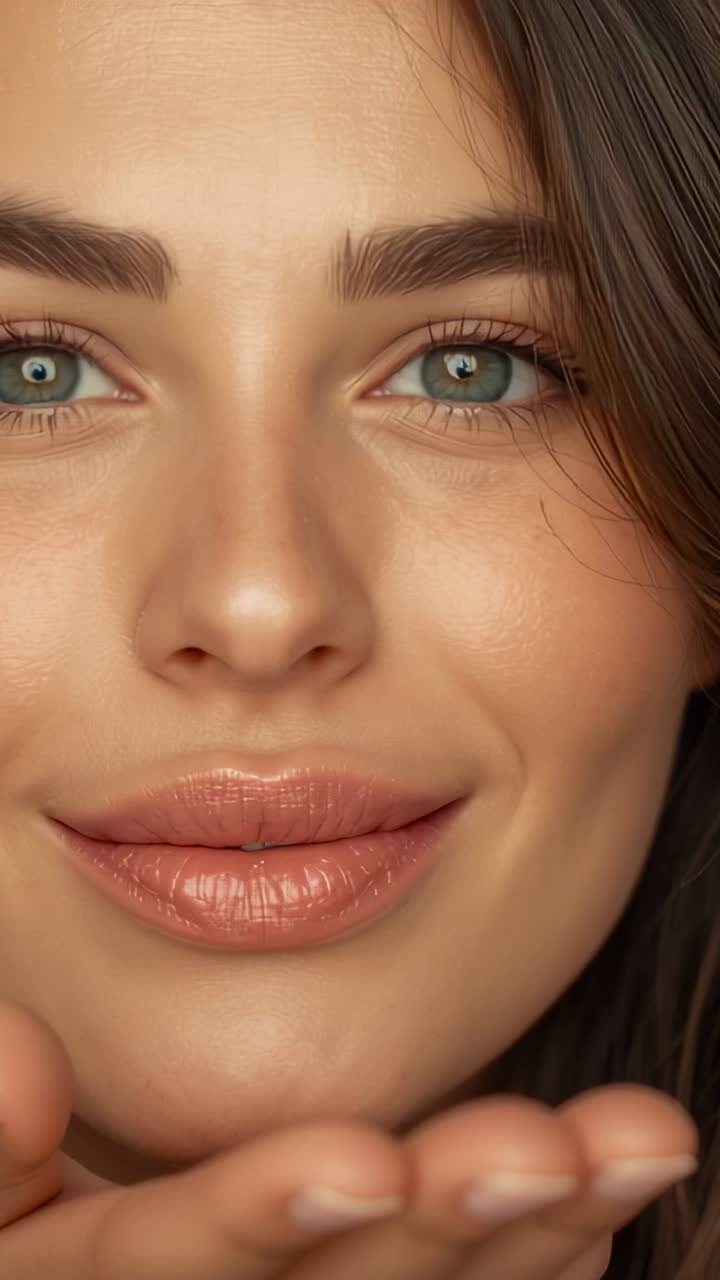 Vertical video: Gazing into camera, woman puckering lips blowing kiss at studio, with extended hand