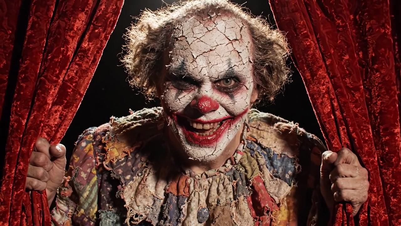 A Sinister Clown Emerges from Behind the Velvet Curtains, Delivering a Chilling Smile That Promises a Haunting Experience Full of Unexpected Twists and Thrills
