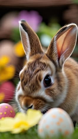 bunny with eggs in garden. a small brown rabbit sits among vibrant eggs and flowers in a sunny garden during springtime festivities.