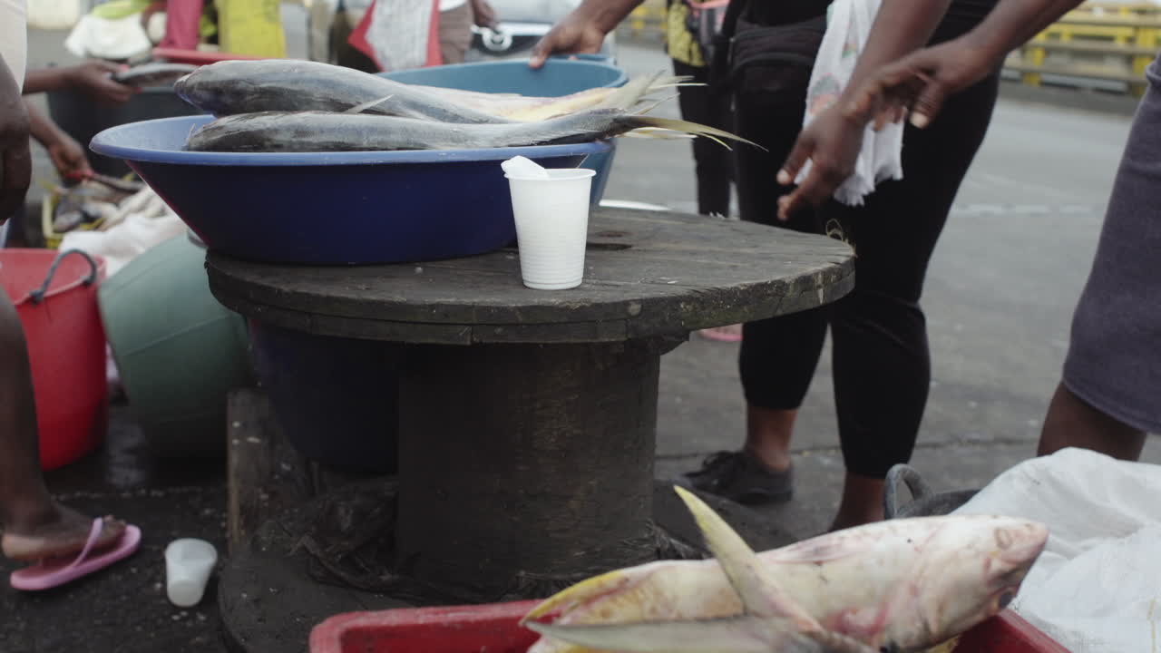 Close up of fishes at street fish market, people selling and buying the catch of the day in Buenaventura