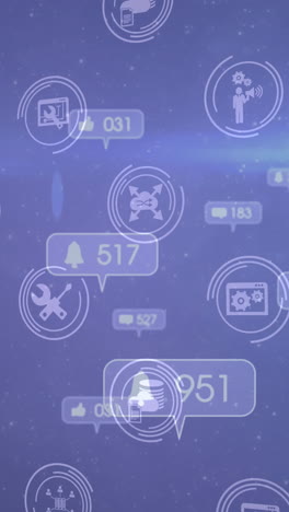 animación de iconos y números de redes sociales sobre un fondo púrpura