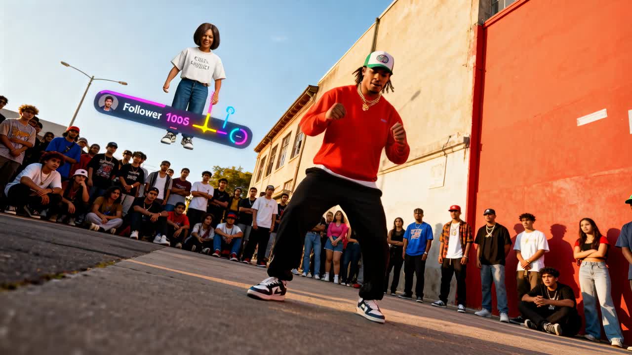 Danser i rød sweatshirt og kasket bevæger sig på en solbeskinnet gårdsplads, badge vises, får fans
