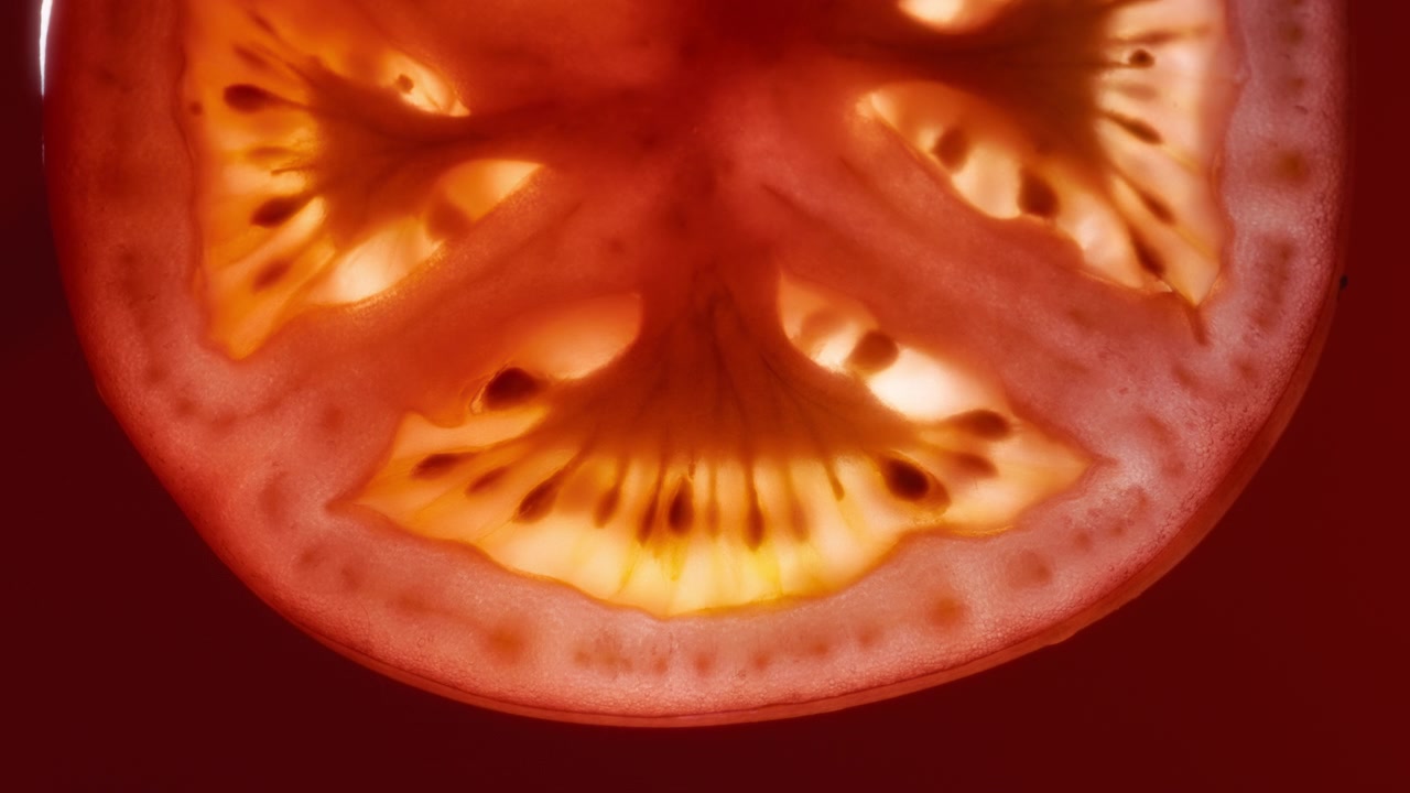 Scatto macro di una fetta di pomodoro sotto la luce rossa. Sfondo astratto di frutta