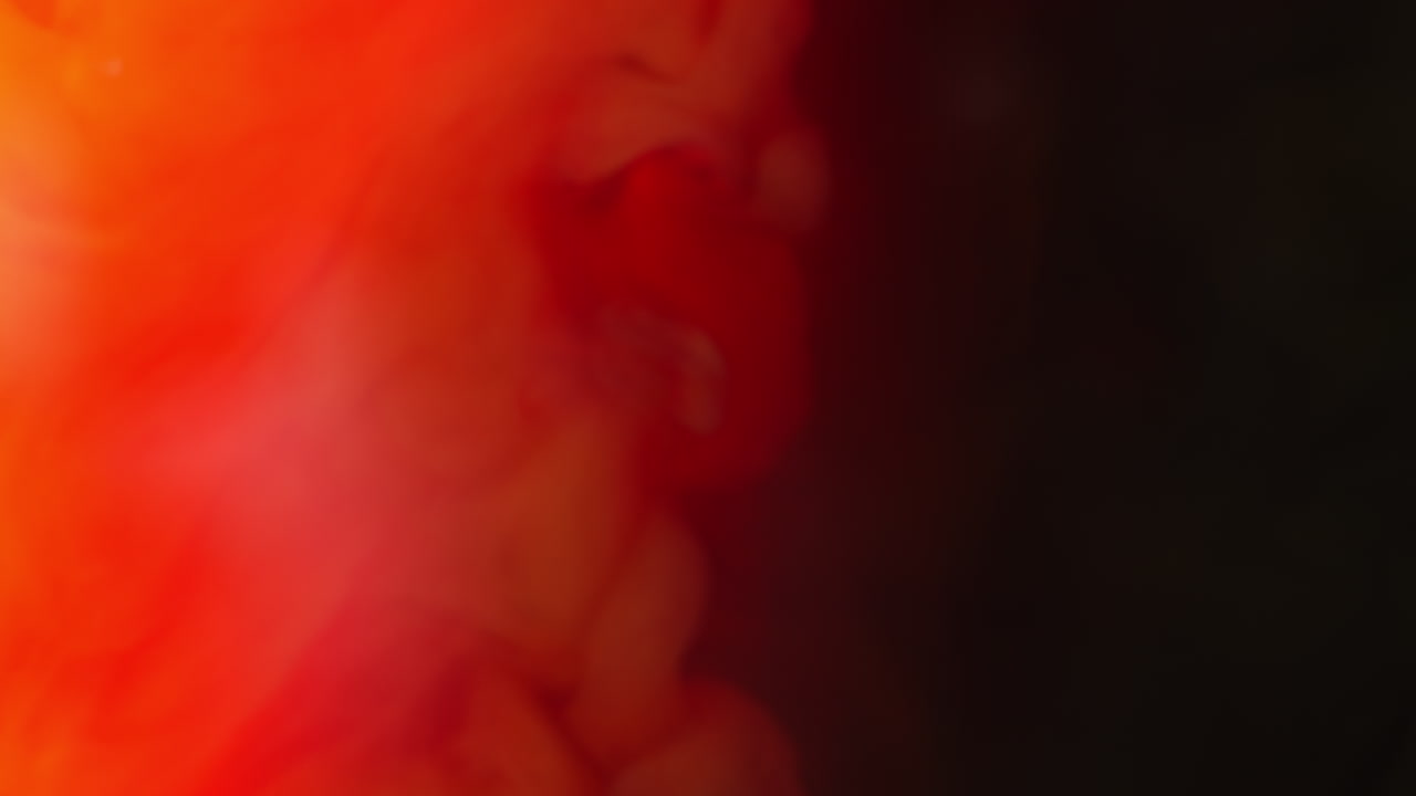 빨간색과 검은색 페인트 또는 염료가 색 바탕에 물에 떨어지면 회전하는 다채로운 연기 바탕을 만니다.