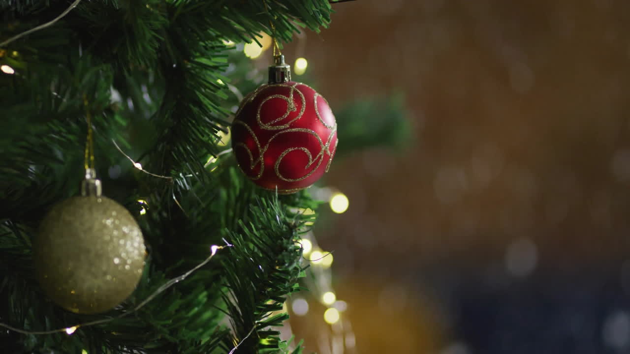 Christmas tree with red ornament and lights, holiday decorations animation