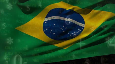 animation of statistics and financial data processing over flag of brazil