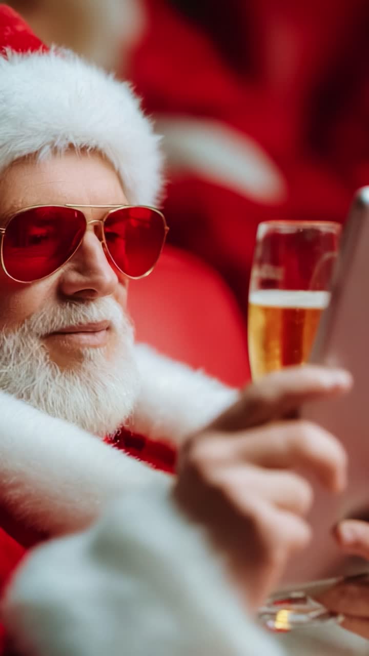 A festive Santa with a stylish appearance, complete with sunglasses and champagne, enjoys a relaxing moment while using a tablet in a celebration ambiance, capturing the spirit of the holidays