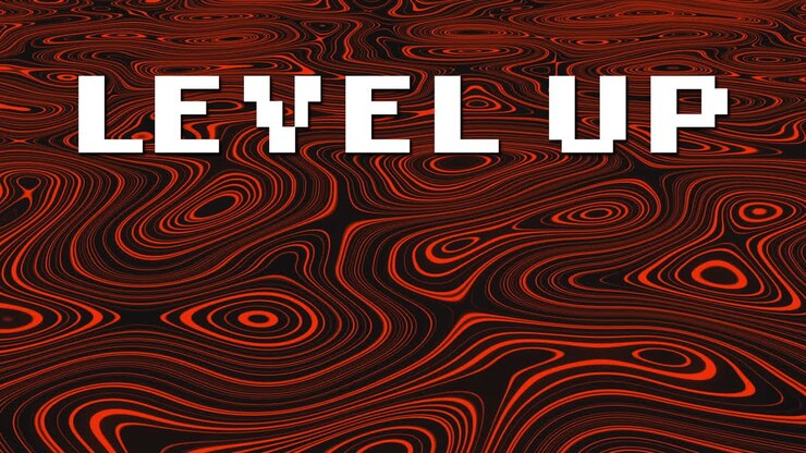 Animation of level up text over red liquid background