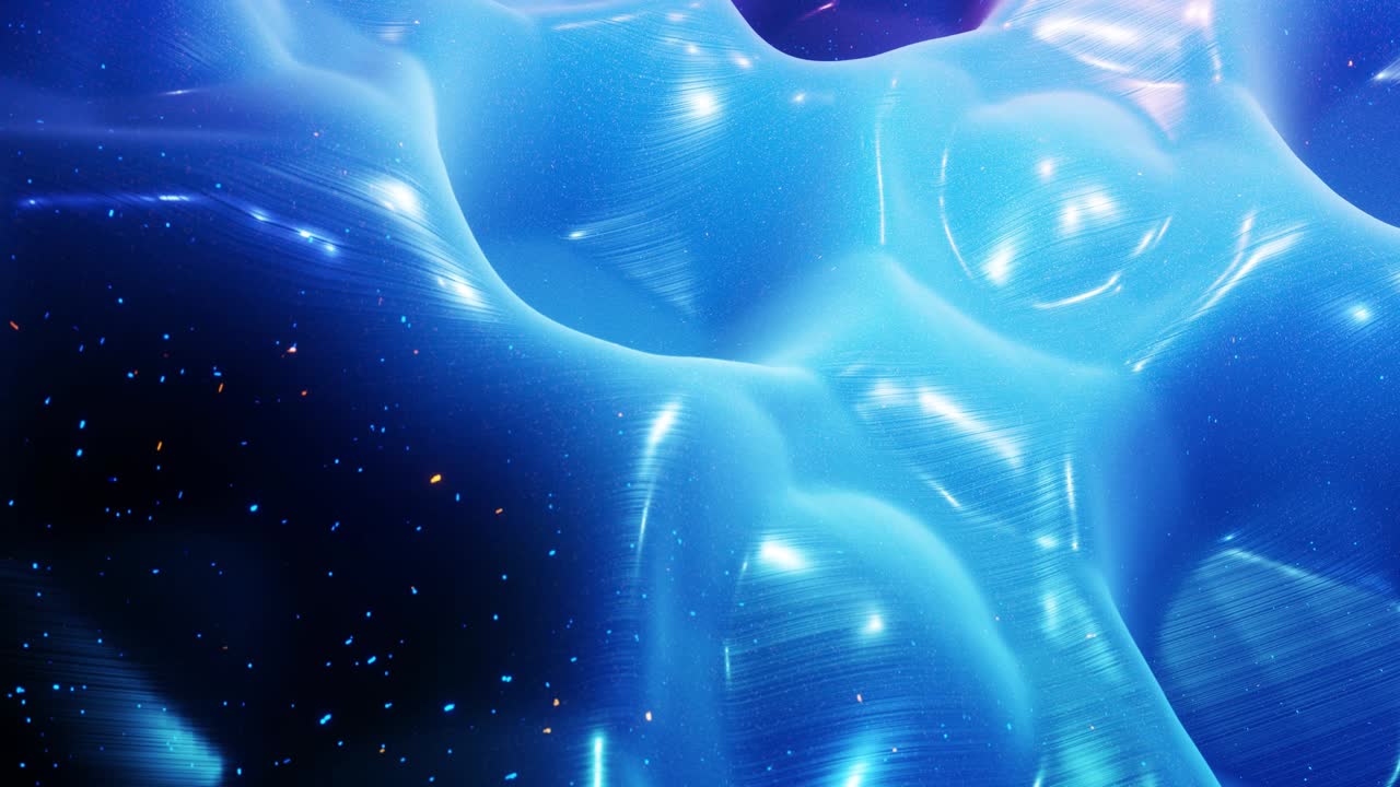 fantastical festive blue bg. Stylish abstract looped background, waves move on glossy surface like landscape made of liquid blue wax with sparkles. Beautiful soft background with smooth animation 4k