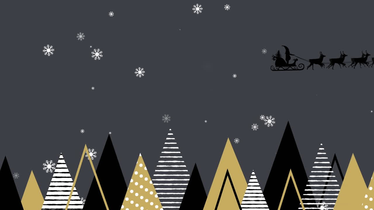 animación de árboles de navidad y santa en trineo con renos en fondo negro