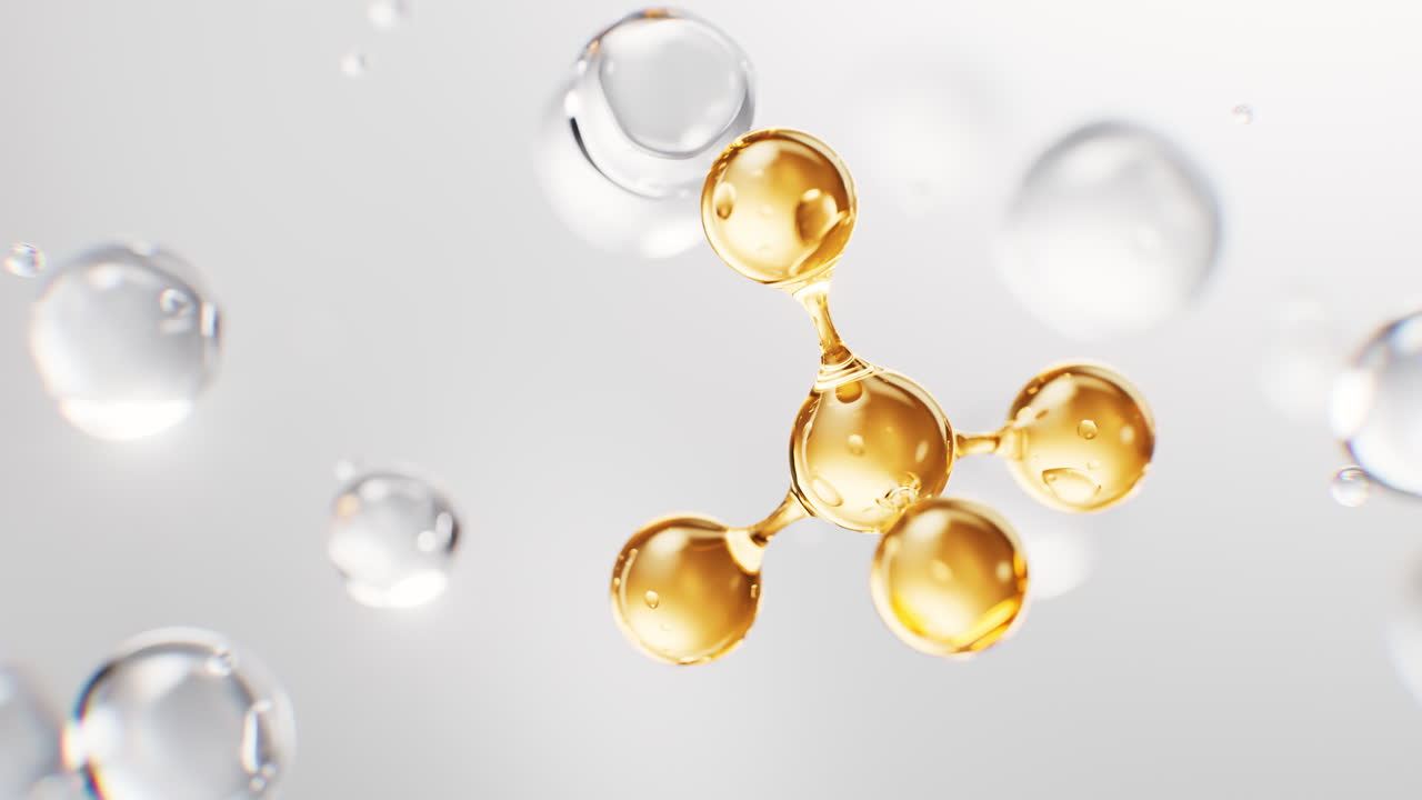 Biological golden molecule with cosmetics background, 3d rendering