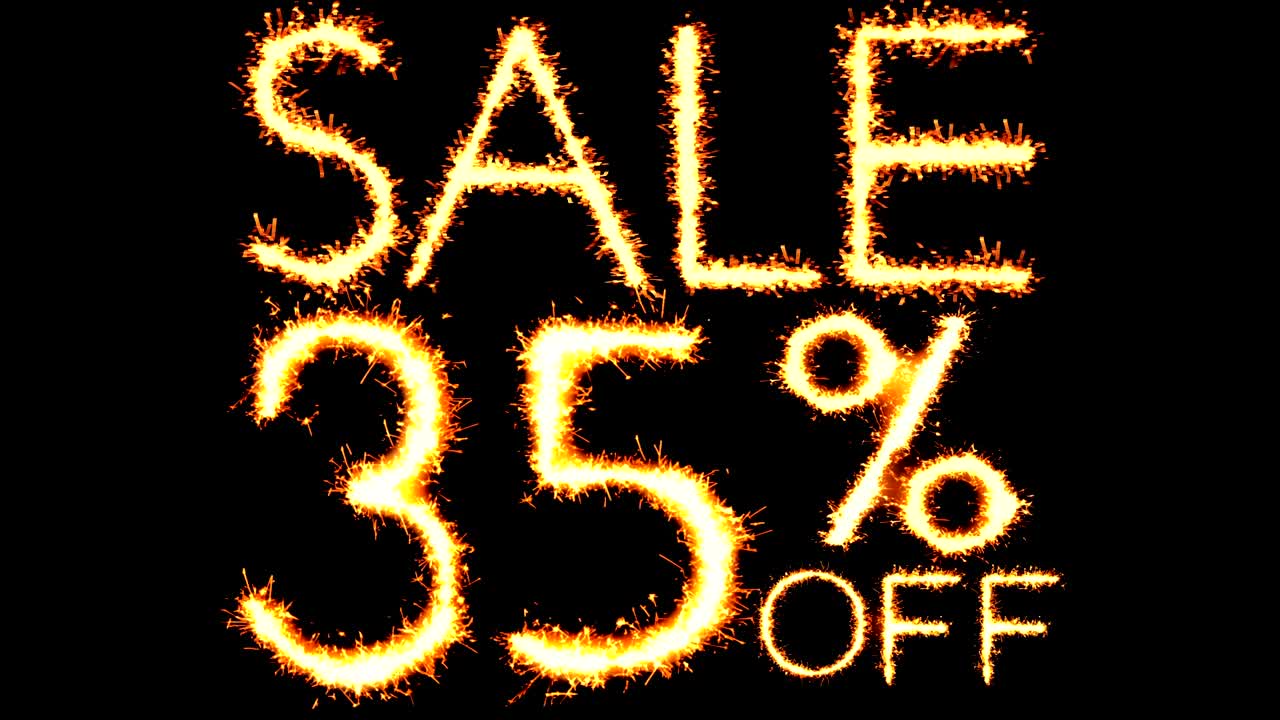 35% de descuento en el texto, el brillo, las chispas, la animación del bucle de fuegos artificiales.