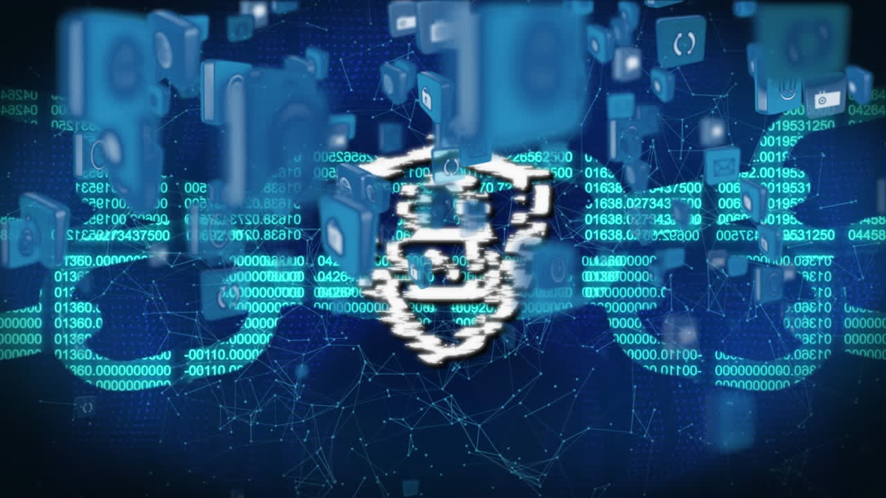 Animation of online security padlock with icons and security chain in background