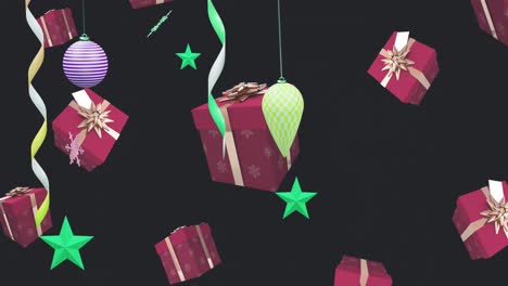 Animation-of-party-streamers-and-christmas-presents-and-decorations