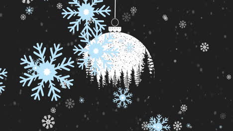 animation of snowflakes falling over hanging bauble decoration with winter landscape print