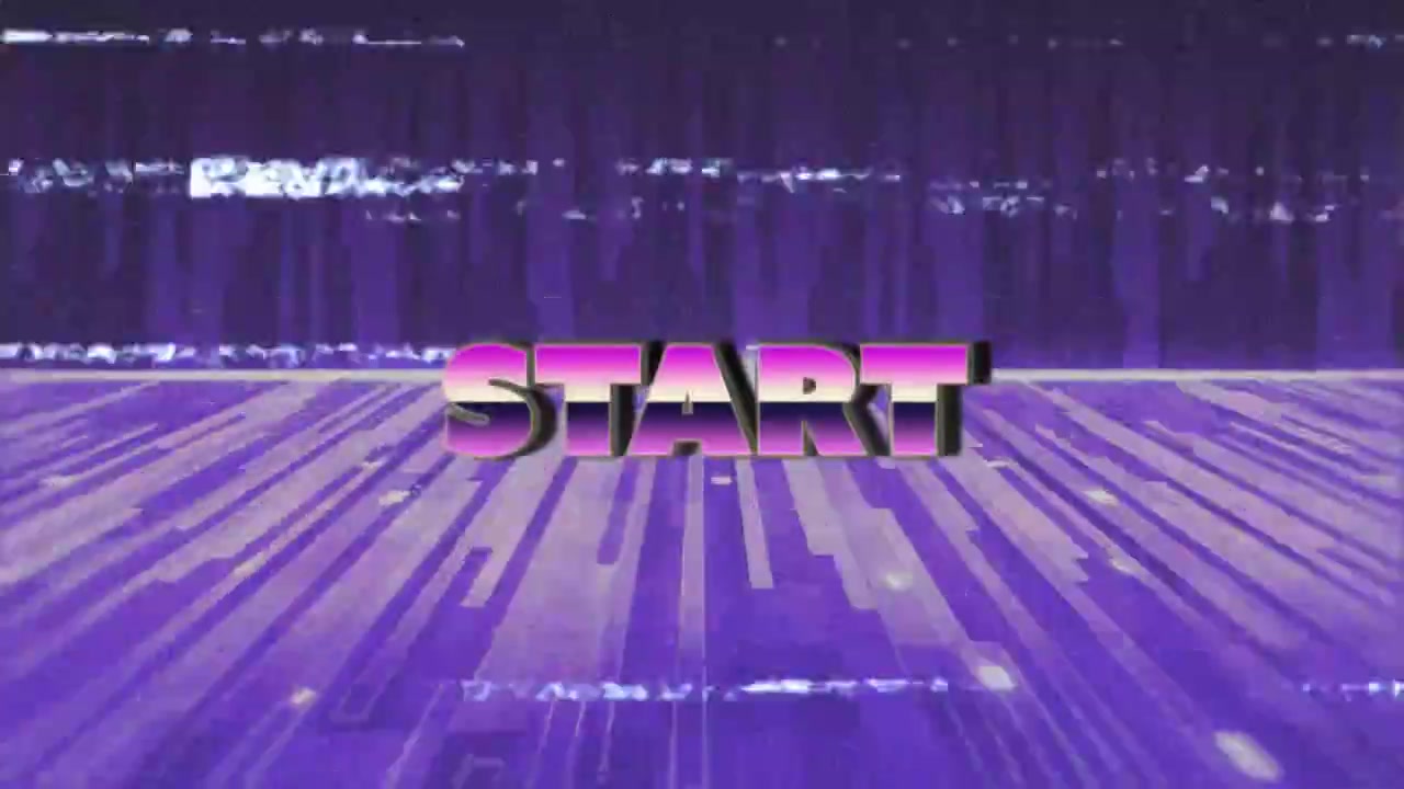 Pulsing glow sweeping across violet grid floor forming START text emerging for start prompt