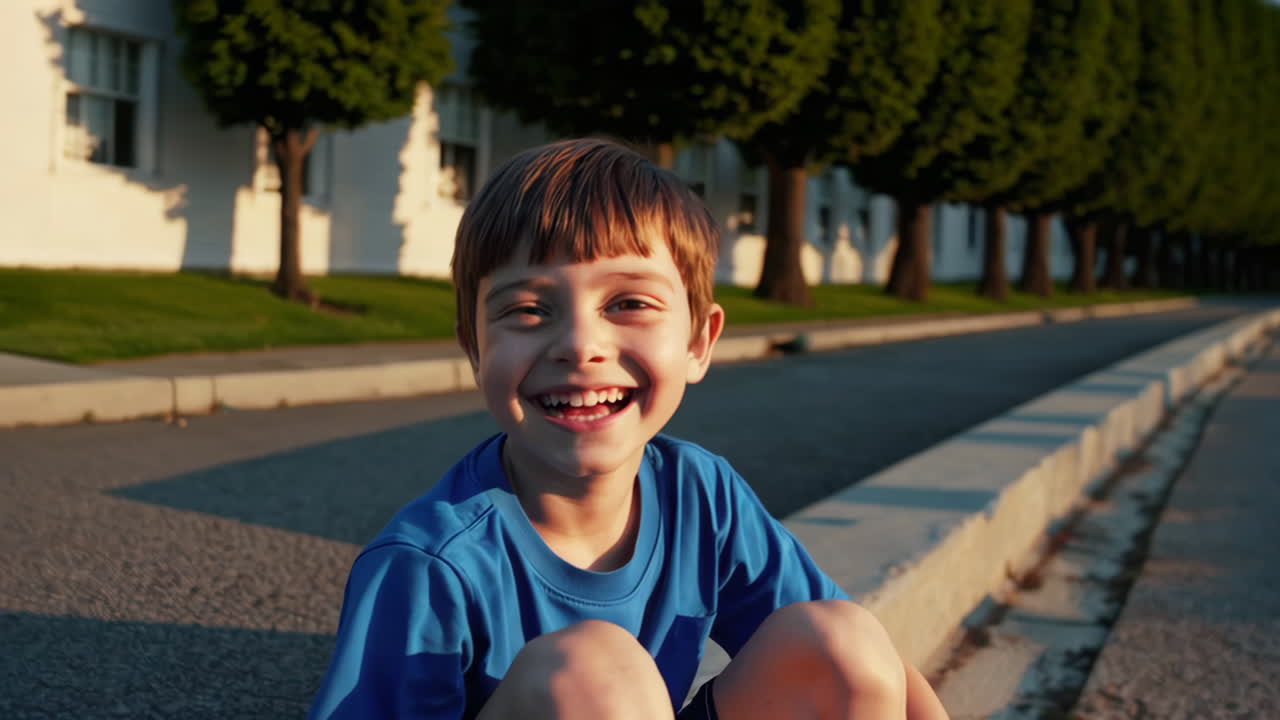 Happy young boy smiling and laughing outdoors