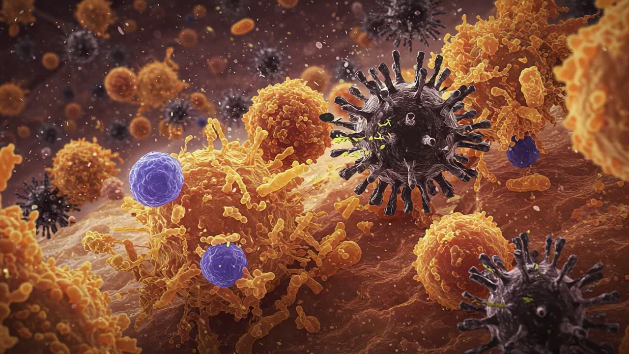 Microscopic View of Viruses and Immune Cells Interacting in a Cellular Environment, Highlighting the Complexity of Microbial Life and Immune Response.