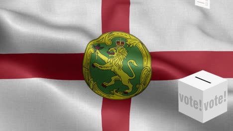 las papeletas de votación vuelan a la caja para la selección de alderney - caja de votación delante de la bandera - elección - voto - bandera de alderney - bandera de alderney alto detalle - bandera nacional patrón de ondas de alderney elementos loopables - textura de tela y bucle sin fin