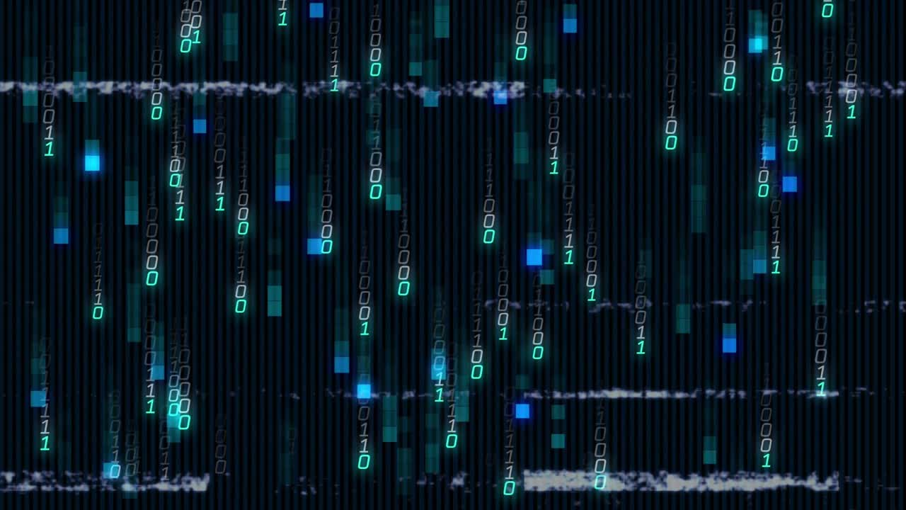 On start glowing binary code cascading, glitch bars shifting and teal pixels pulsing for distortion