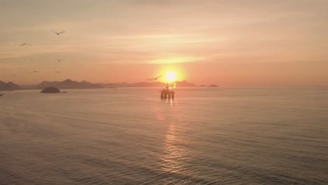 Luftaufnahme-Von-Vögeln,-Die-Auf-Eine-Ölplattform-Außerhalb-Der-Küste-Von-Rio-De-Janeiro-In-Copacabana-Zufliegen,-Mit-Niteroi-Im-Hintergrund