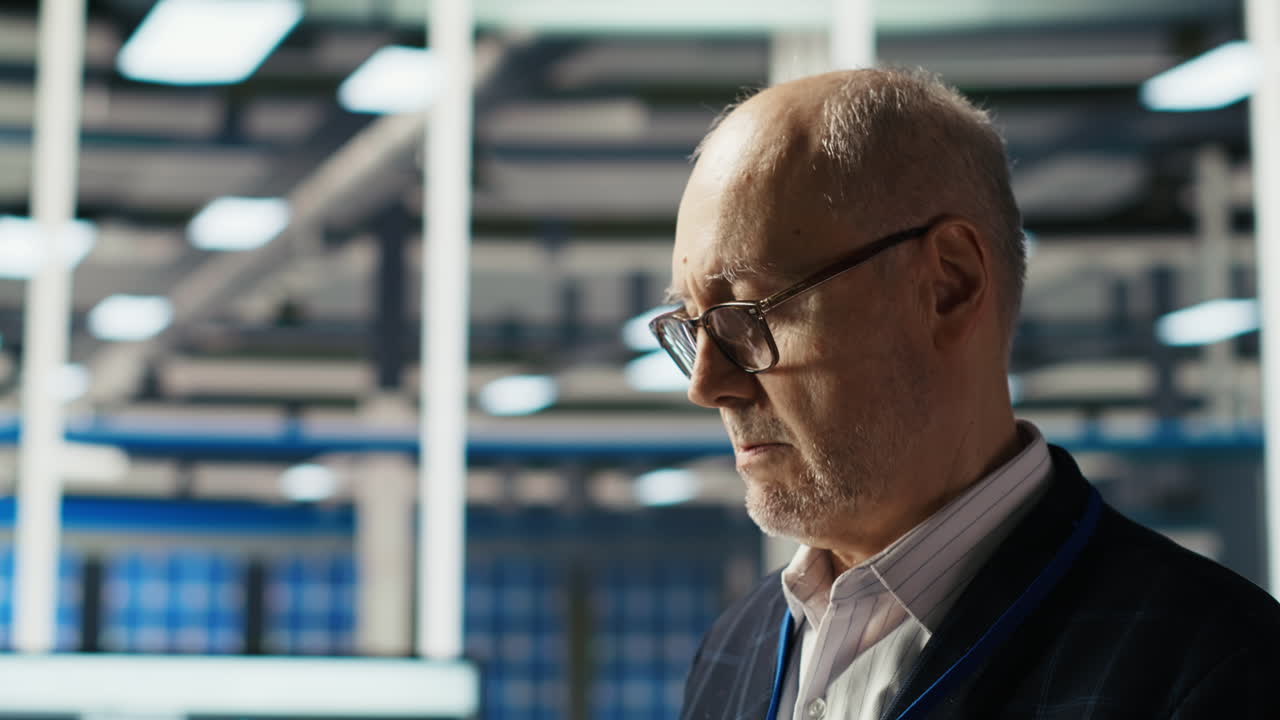 Smiling Senior Engineer In Solar Panels Plant Reading Documentation