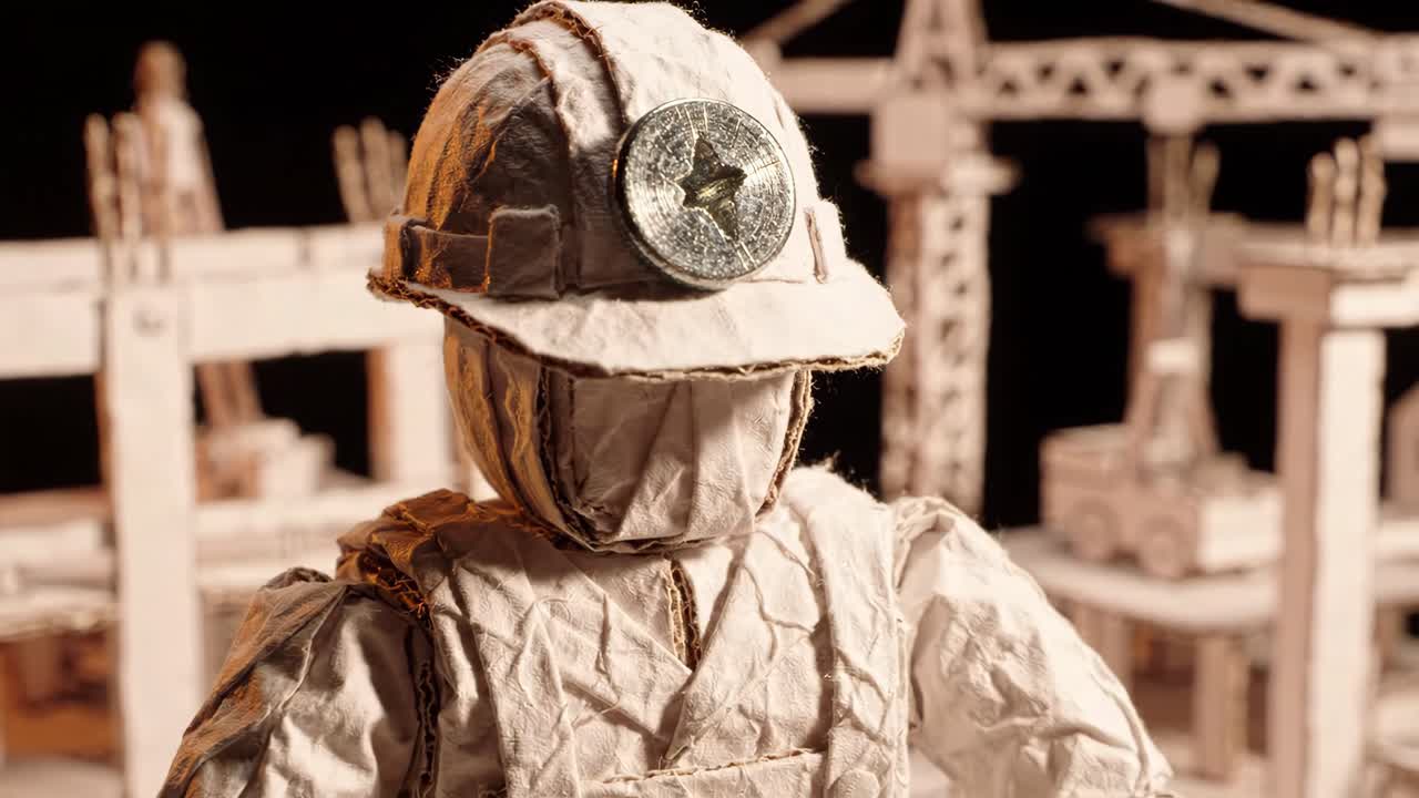 ヘルメットをかぶったストップモーションの段ボール製建設作業員