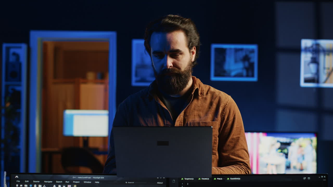 Portrait of smiling developer writing complex binary code scripts on laptop