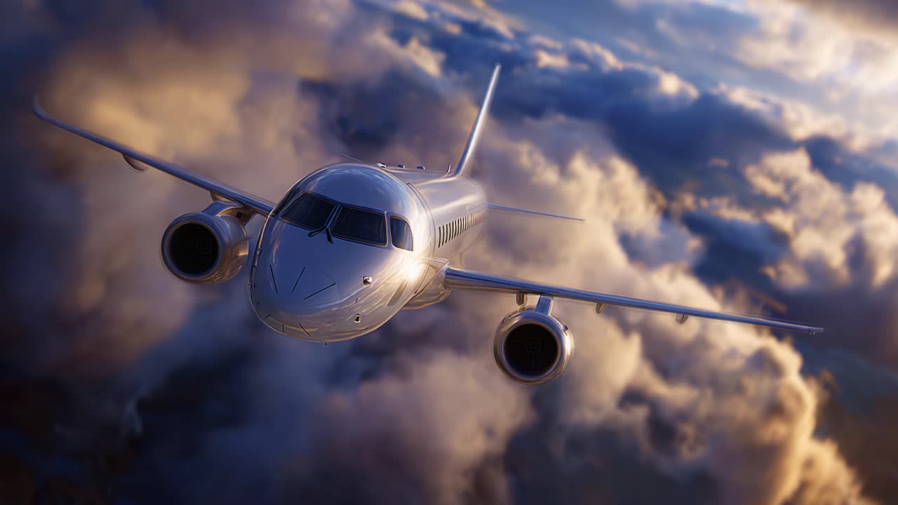 Een adembenemend vliegtuig dat bij zonsondergang door een spectaculair wolkenlandschap vliegt en de moderne aerodynamica en luchtvaarttechnologie toont in een prachtige lucht