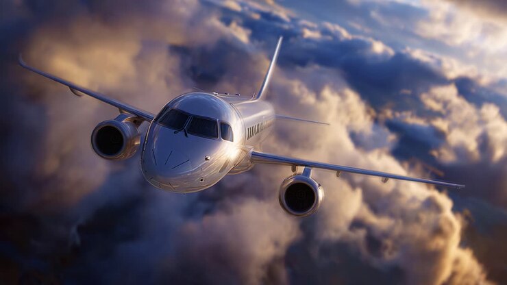 Een adembenemend vliegtuig dat bij zonsondergang door een spectaculair wolkenlandschap vliegt en de moderne aerodynamica en luchtvaarttechnologie toont in een prachtige lucht