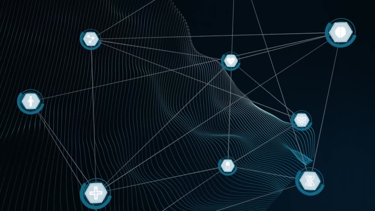 animación digital de la red de conexiones contra ondas digitales en fondo azul