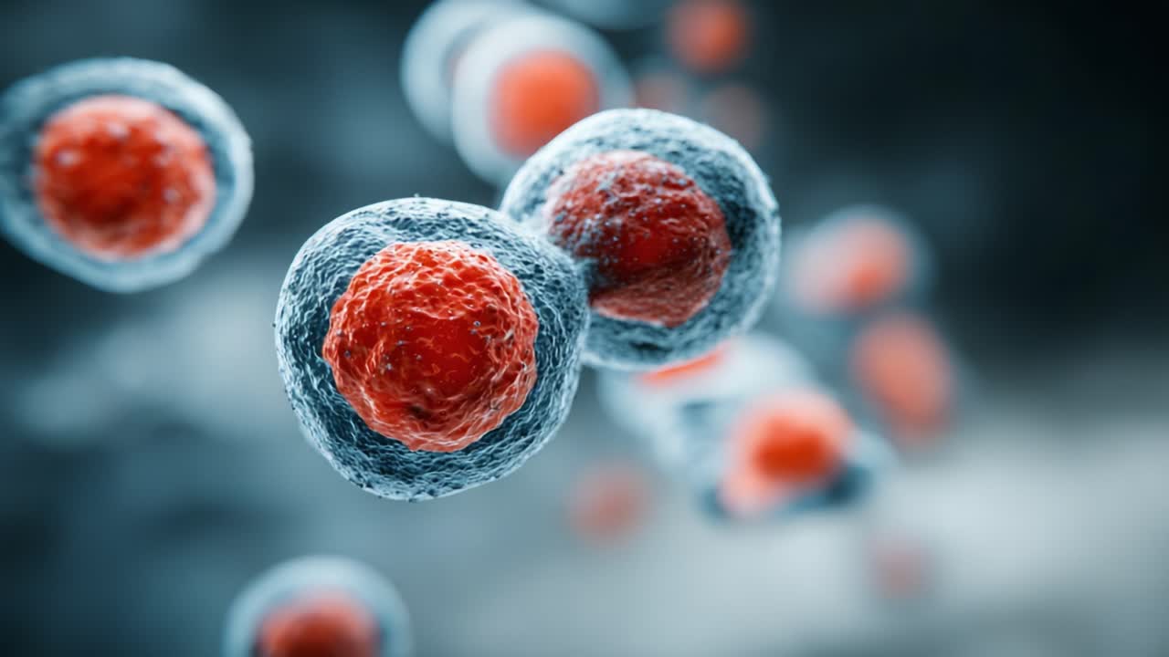 Uno sguardo dettagliato alle strutture cellulari: esame delle dinamiche delle cellule con nuclei rossi fluorescenti e membrane blu al microscopio