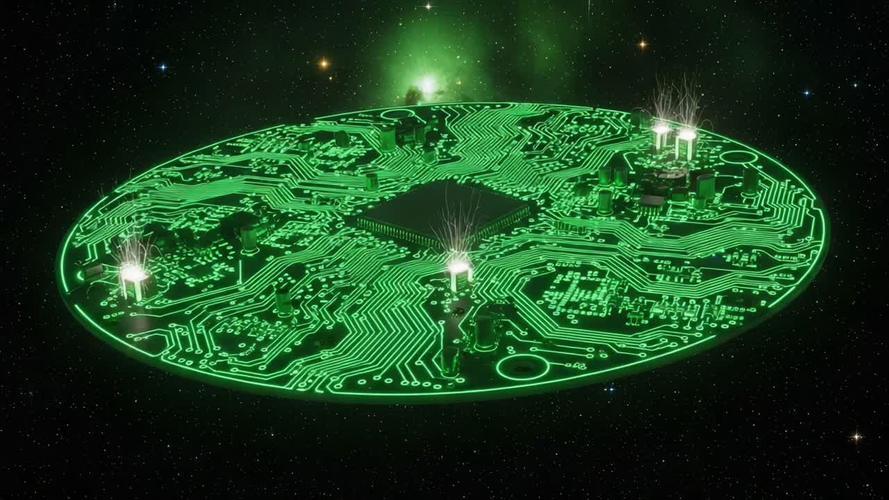 A Futuristic Circuit Board Landscape Illuminated with Green Glow and Erupting Plumes, Showcasing Advanced Technology Surrounded by Cosmic Elements