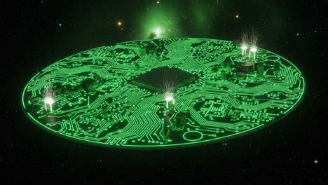 a futuristic circuit board landscape illuminated with green glow and erupting plumes, showcasing advanced technology surrounded by cosmic elements