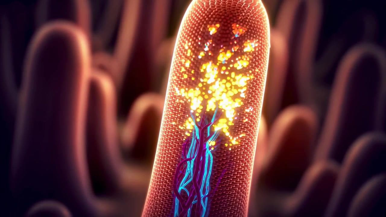 Animazione medica 3D del sistema digestivo umano e dei villi intestinali