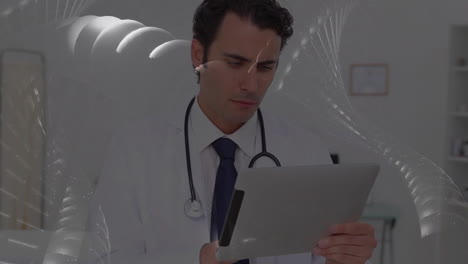 doctor examining genetic data on tablet in medical office, showing floating dna helix animations